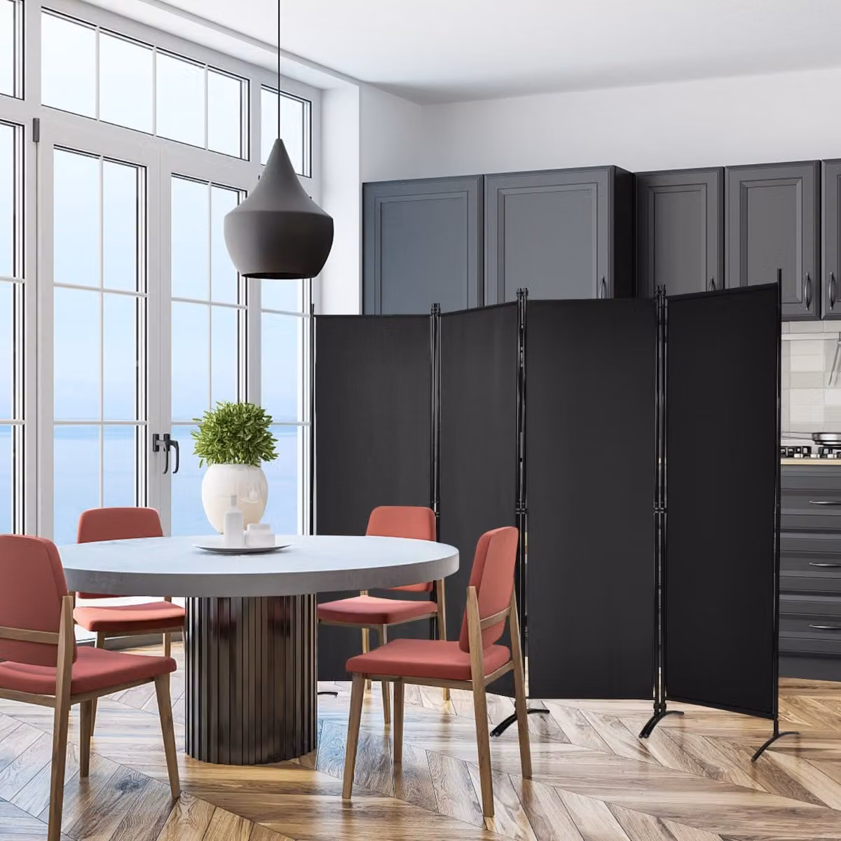Costway Paravento a 4 pannelli da interno in metallo, Divisorio pieghevole con piedini stabili 220x173cm Nero
