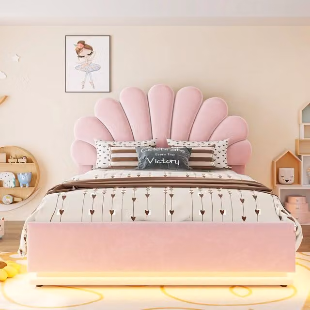 Letto contenitore 140x200 cm; matrimoniale con contenitore idraulico; testiera a fiore; LED; velluto; rosa
