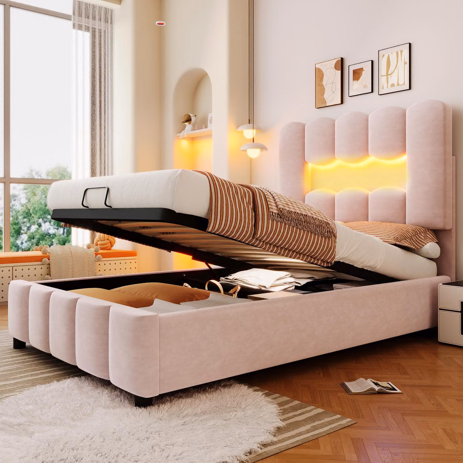 Letto imbottito STILVORA, 90 x 200 cm, con illuminazione a LED, completo di materasso, struttura a molle con sistema idraulico, letto per ragazzi con poggiatesta regolabile, colore rosa