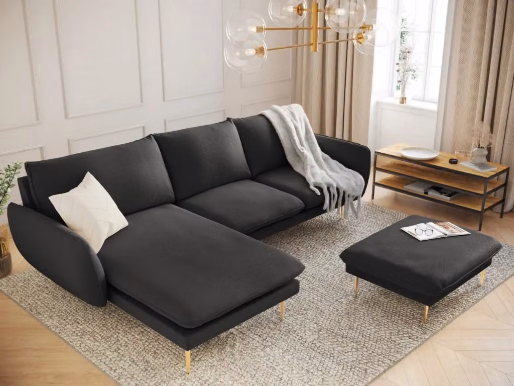 Divano angolare sinistro Vienna di Cosmopolitan Design in bouclé nero con dettagli oro e struttura in metallo, 5 posti, L/P/H: 255 x 170 x 95 cm – 2