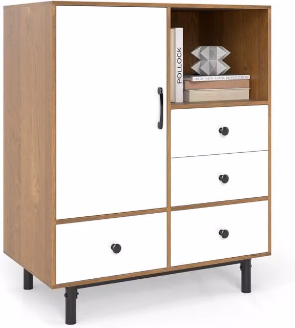 Mobile contenitore moderno met¨¤ secolo con 4 cassetti e scomparto aperto-Buffet sideboard in metallo robuste per soggiorno Bianco