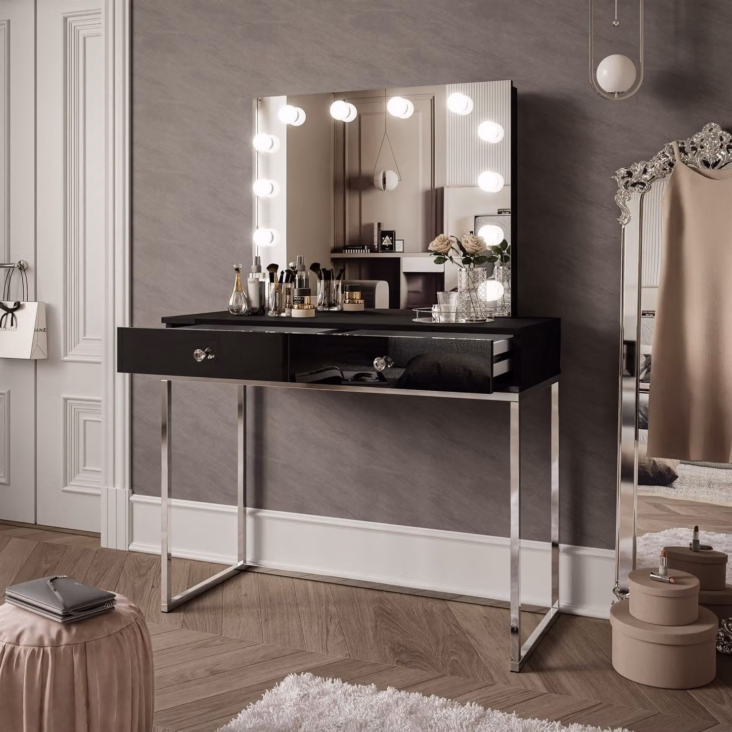 Tavolo da trucco BLANCO GLAMOUR ELITE con specchio e illuminazione, cromo / nero lucido con maniglia in cristallo