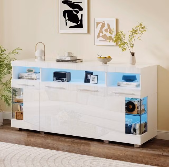 Credenza 140x40x70 cm con LED e 3 cassetti in MDF e vetro temperato bianco
