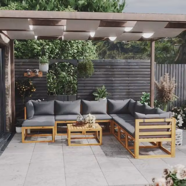 Set di Divani da Giardino vidaXL in Legno di Acacia con Cuscini Grigi e Tavolino, 9 Pezzi