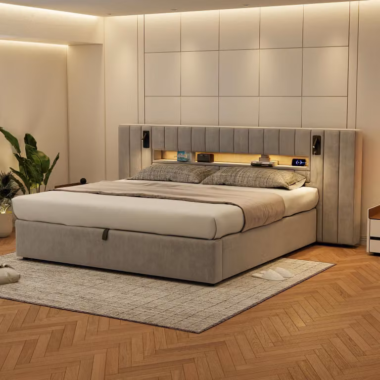 okwish 180 x 200 cm Letto imbottito, Letto matrimoniale, Letto contenitore, Letto funzionale, con porta USB, illuminazione a LED e lampada da comodino, senza materasso, Grigio