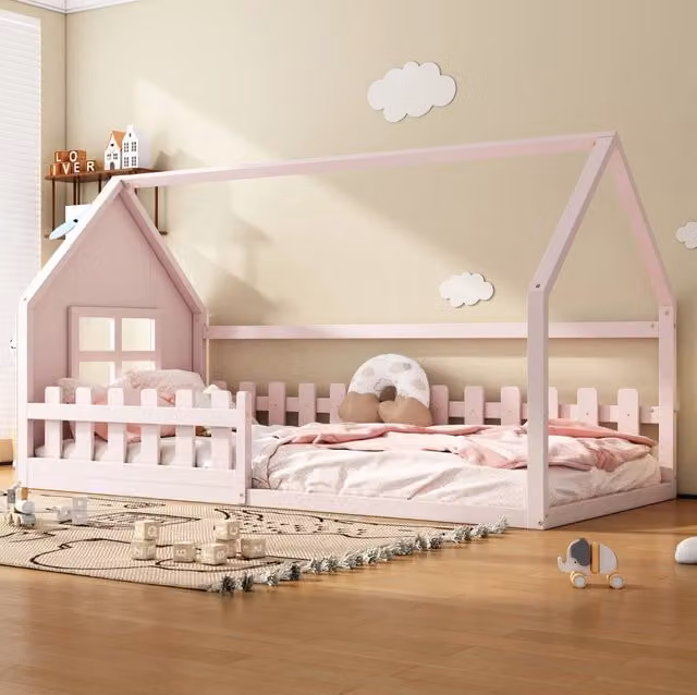 Letto per bambini a casetta rosa 90 x 200 cm in pino e MDF