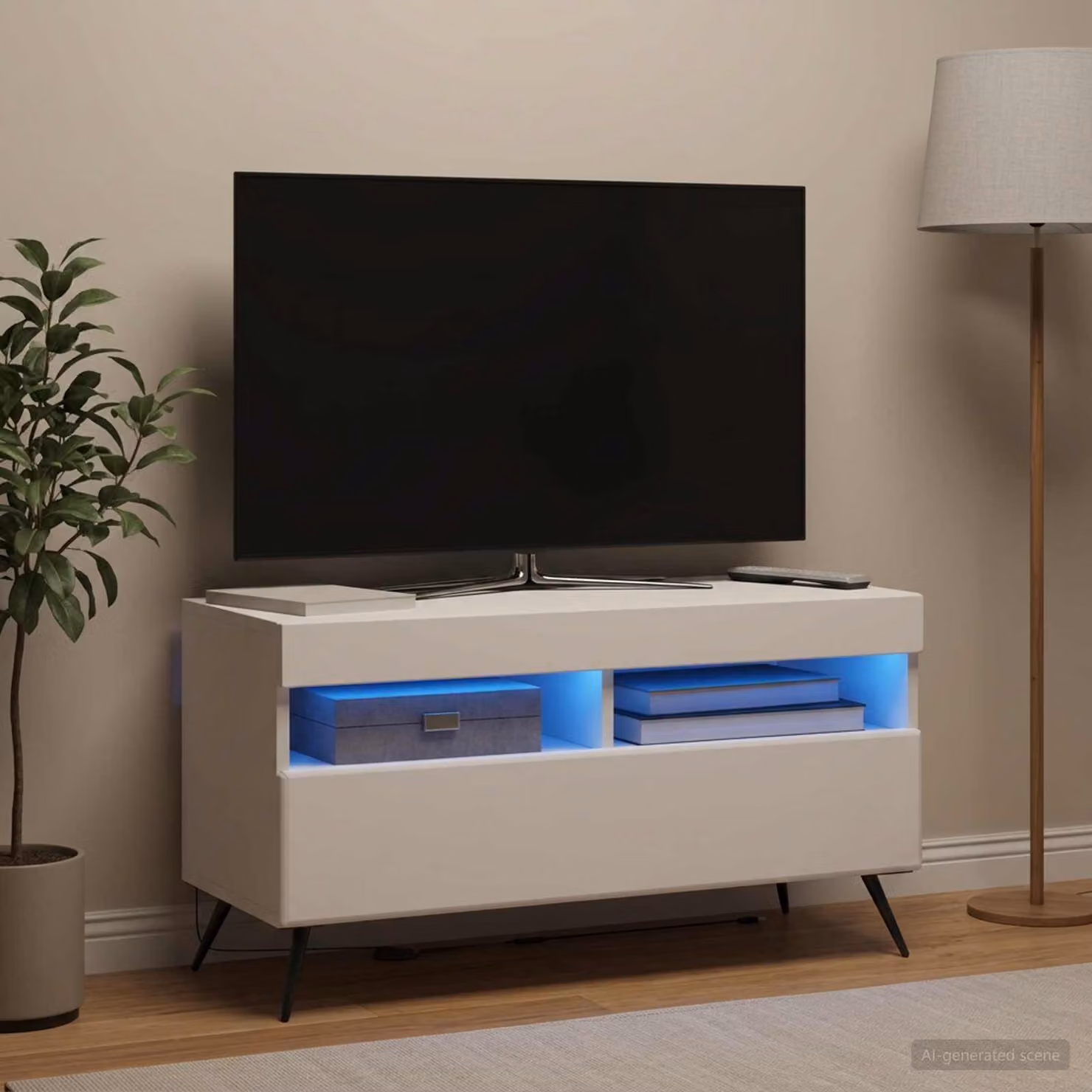 Mobile TV vidaXL moderno in legno MDF bianco con illuminazione integrata e scomparti multimediali L 81,0 cm x P 35,0 cm x H 43,0 cm