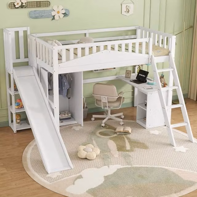 Letto a castello per bambini 90 × 200 cm con scivolo, scrivania, armadio e mensole, senza materasso, bianco