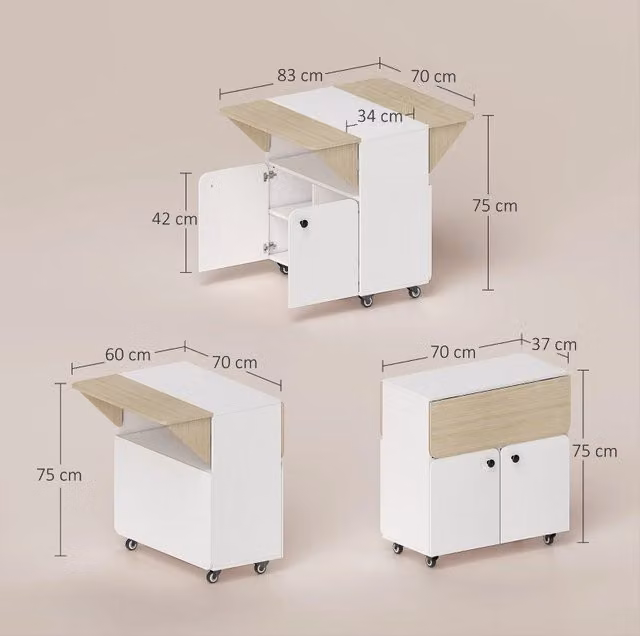 Tavolo pieghevole con armadietto e 4 ruote, bianco e legno naturale, 70 x 83 x 75 cm