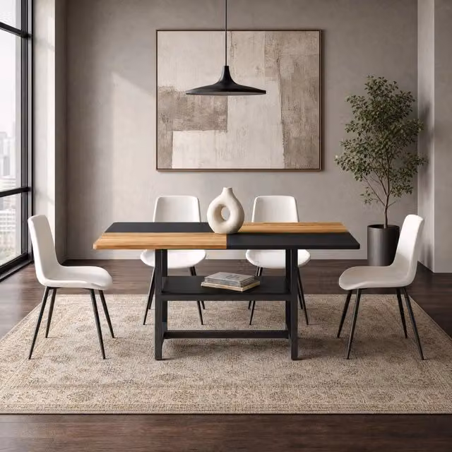 Set tavolo da pranzo rettangolare 160 cm con ripiano integrato e 4 sedie in PU