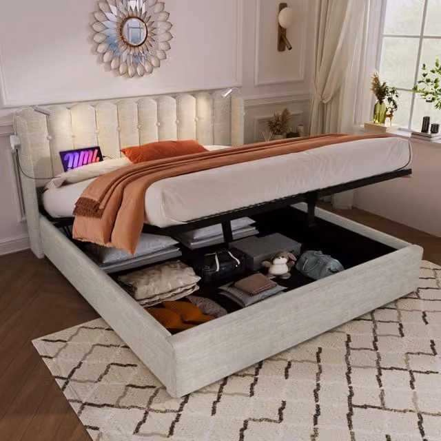 Letto imbottito matrimoniale 160x200 cm in lino naturale con illuminazione da lettura e funzione di ricarica USB, struttura con contenitore e rete a doghe