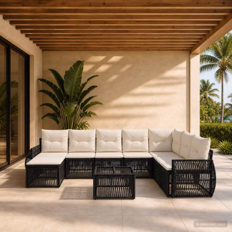 Set Divano da Giardino vidaXL 9 pz con Tavolino e Ottoman, Design Moderno a U, Colore Nero e Bianco con Cuscini in Tessuto e Struttura in Metallo
