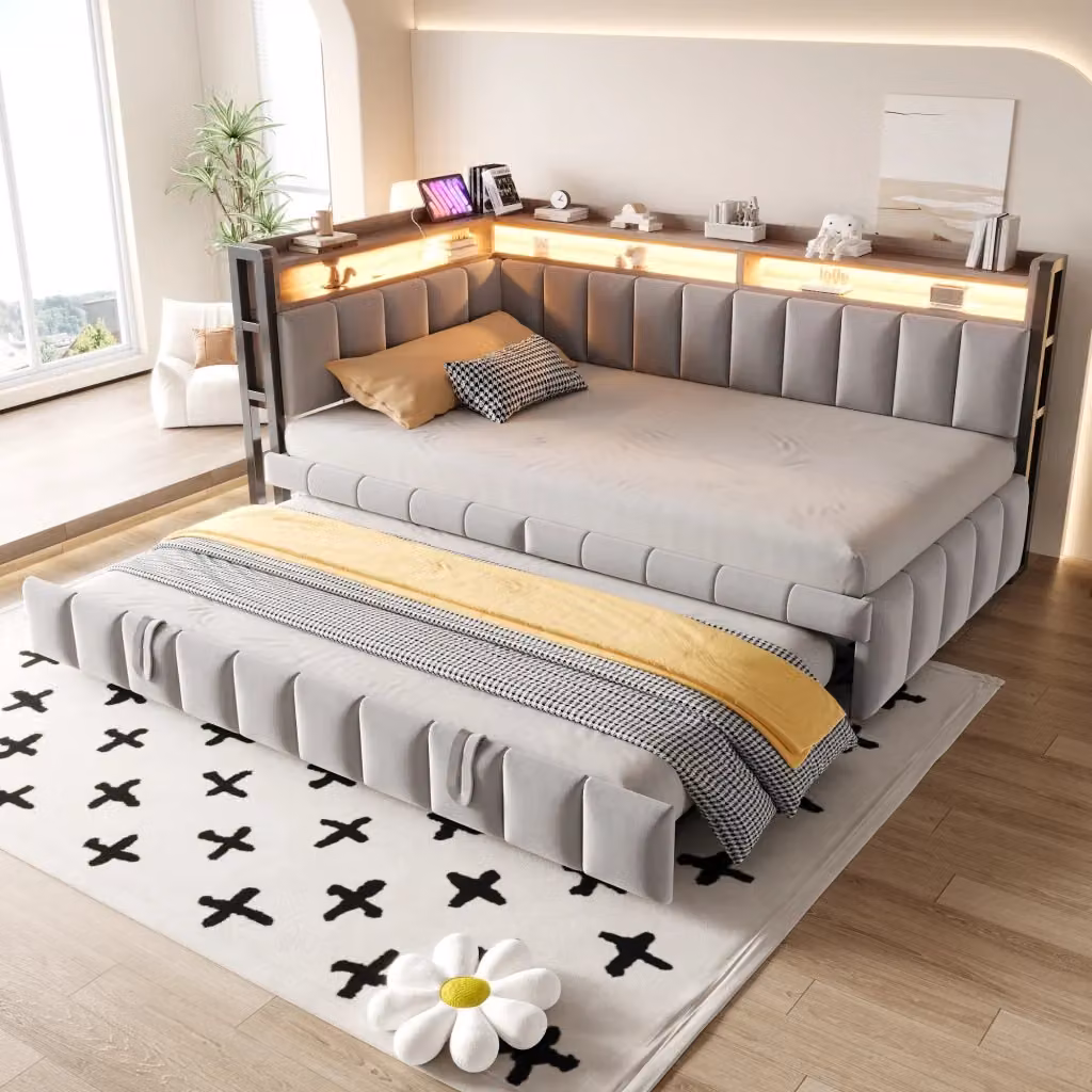 Letto singolo estraibile moderno con illuminazione LED, porte USB e Type-C e mensole integrate, colore grigio, L/P/H: 90 x 200 cm – 2