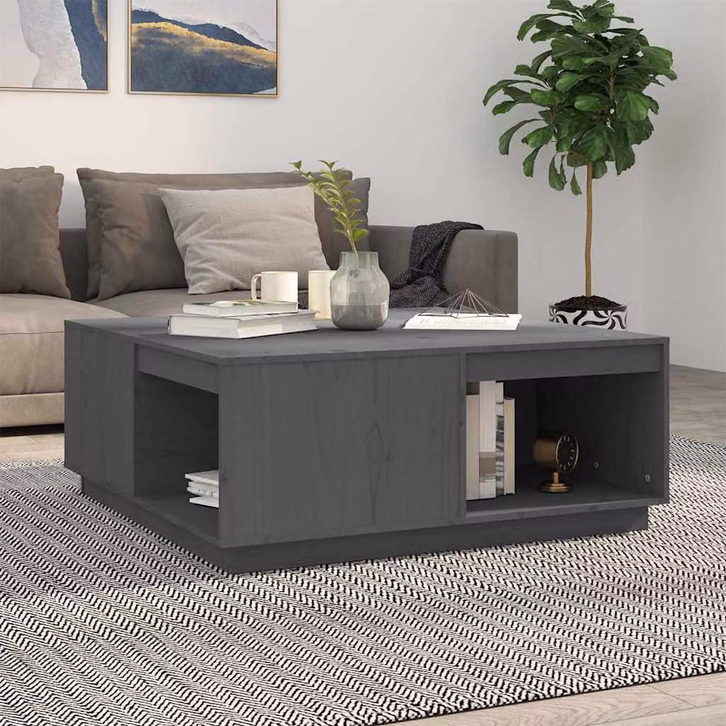 vidaXL Tavolino da Salotto in Legno di Pino Massello Grigio L: 100 cm, P: 101 cm, H: 40,5 cm – 1