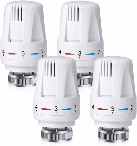 Uniqoos® Set di 4 termostati per radiatori, filettatura M30 x 1,5 – Termostati per una facile regolazione della temperatura su radiatori standard, ideali per la casa e l'ufficio