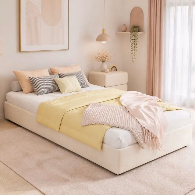 Letto singolo per bambini MODFU con contenitore a sollevamento e testiera imbottita, colore beige, L 90 cm x P 200 cm