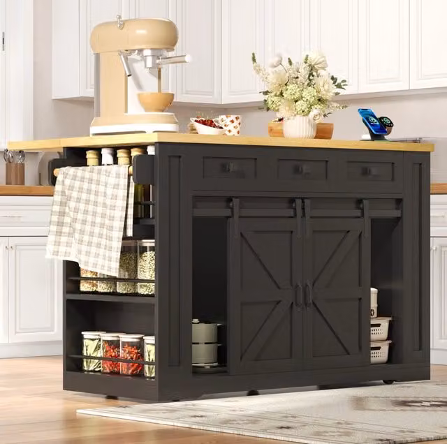 Isola cucina mobile con piano ribaltabile; 3 cassetti; prese USB; MDF; nero/naturale