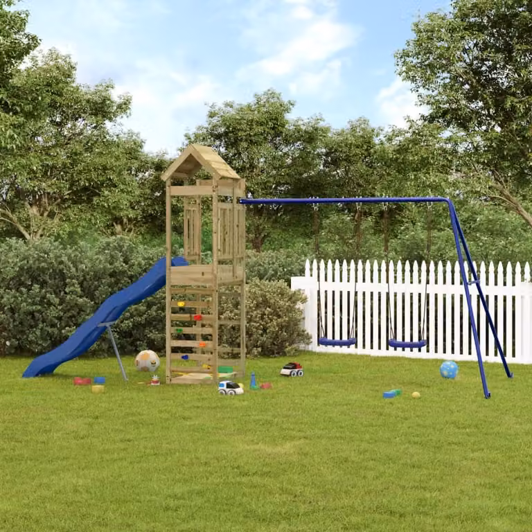 vidaXL Set da Gioco da Esterno con Torre, Scivolo, Altalena e Sabbiera in Legno, Blu e Marrone, L/P/H: 478 x 239 x 185 cm