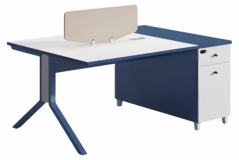Schreibtisch in Blau und Weiß mit funktionalem Stauraum praktischer Trennwand