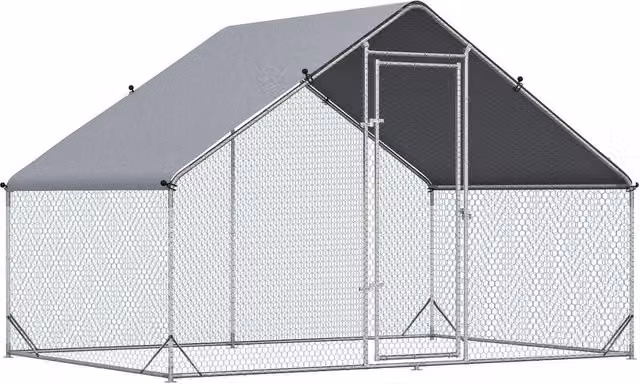 Pollaio da giardino con telaio in metallo zincato, copertura impermeabile e rete esagonale, Argento, L: 3 m, P: 2 m, H: 2 m