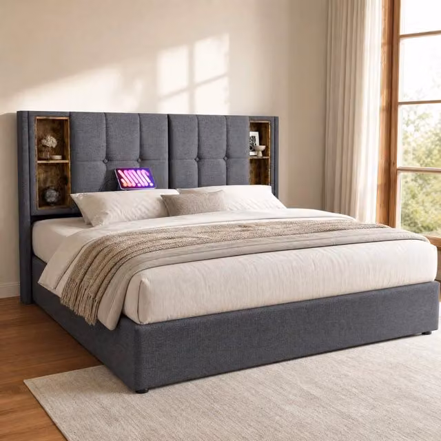 Letto matrimoniale 160x200 cm con ricarica wireless, struttura imbottita grigia in cotone con zona contenitore e supporto in legno