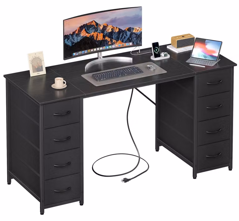 Scrivania da gioco - 8 scomparti - 140 x 48 cm - Nera - Metallo e legno composito - Con prese di corrente e porte USB