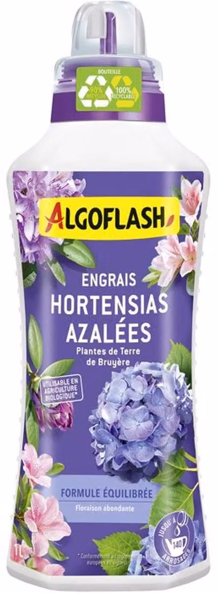 ALGOFLASH, concime liquido per ortensie e rododendri, adatto a terreni acidi, 1 litro – formula bilanciata per una fioritura abbondante e foglie verdi