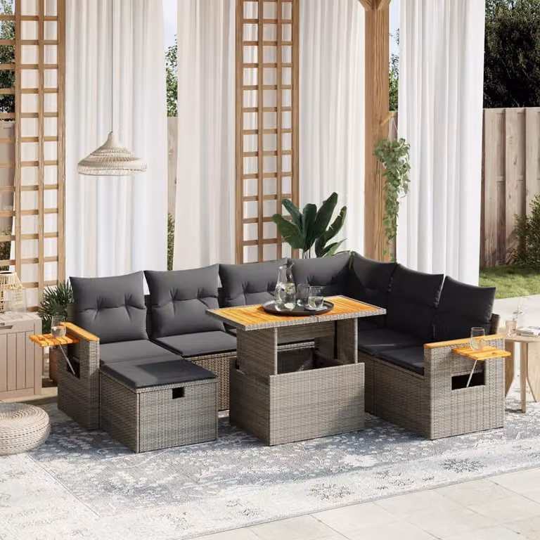 Set Divano da Giardino vidaXL 8 pz in Polyrattan Grigio con Cuscini e Tavolino