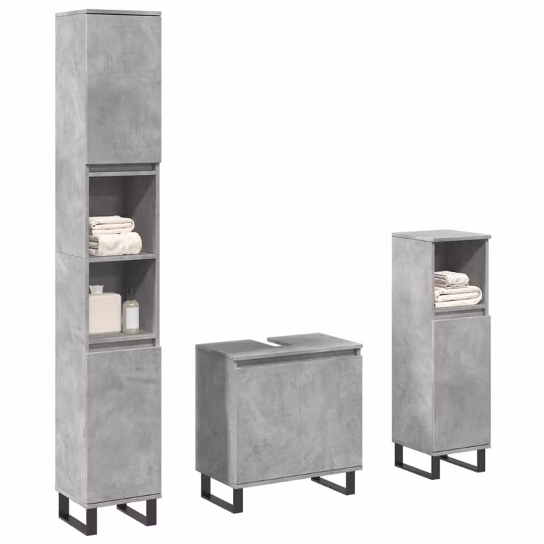 Set di mobili da bagno vidaXL composto da 3 pezzi in legno e metallo, colore grigio, stile moderno con mobile lavabo, colonna alta e mobile laterale
