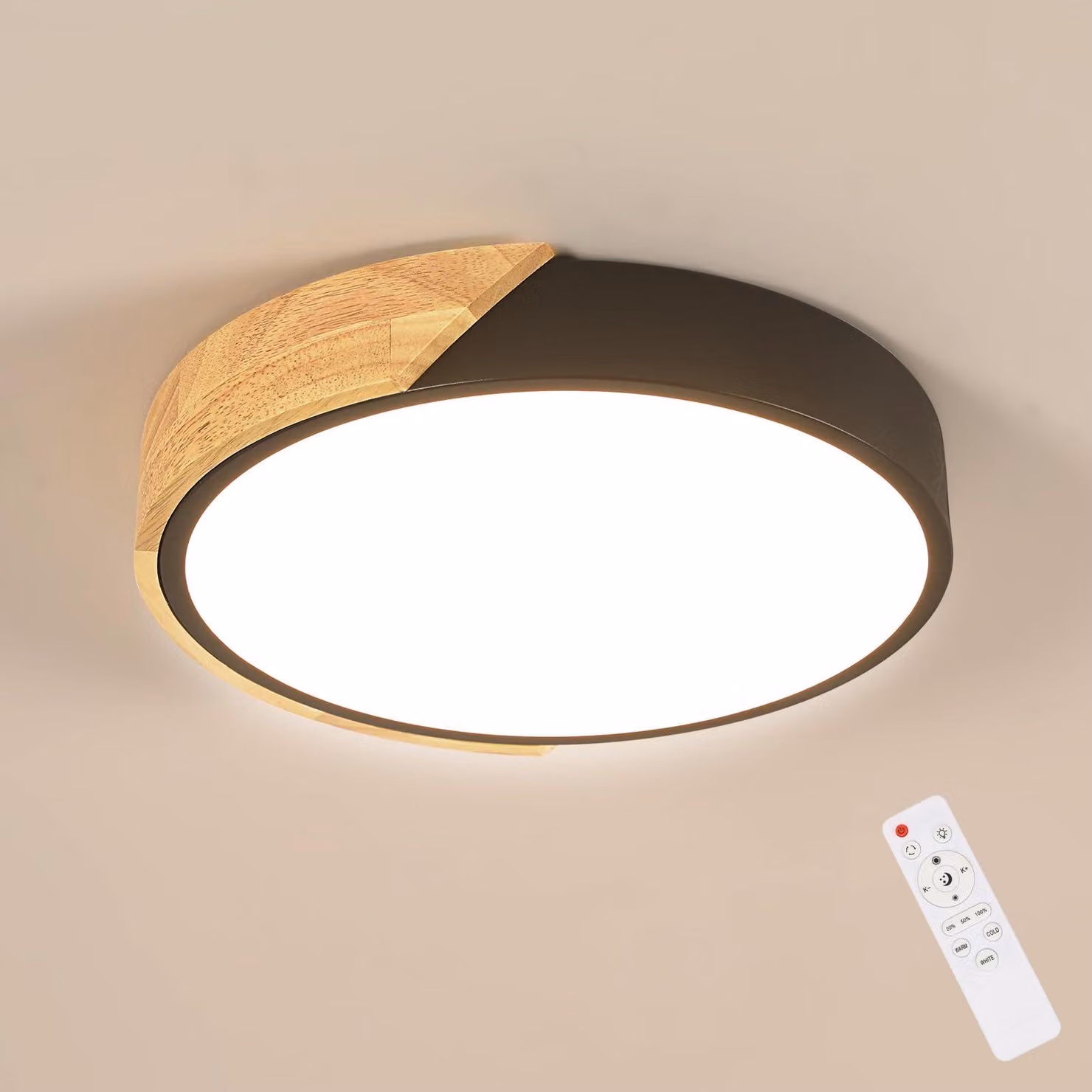Plafoniera LED, dimmerabile, 43W, rotonda in legno, temperatura di colore regolabile da 3000K a 6500K – colore nero, 43W, dimmerabile