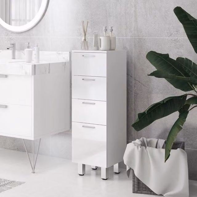 Mobiletto bagno stretto bianco con 4 cassetti, design lucido, 30 x 30 x 93 cm