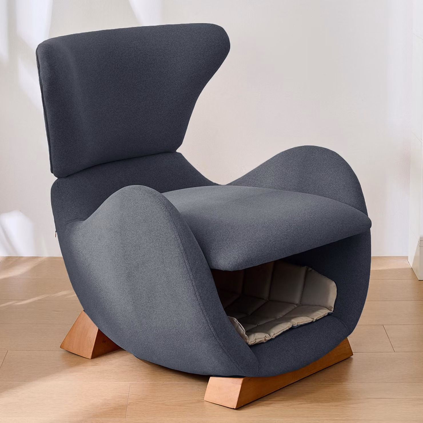 okwish lounge chair poltrona per animali con struttura in legno, poltrona reclinabile poltrona imbottita con piedi in legno massiccio e nido per animali sotto la seduta, grigio