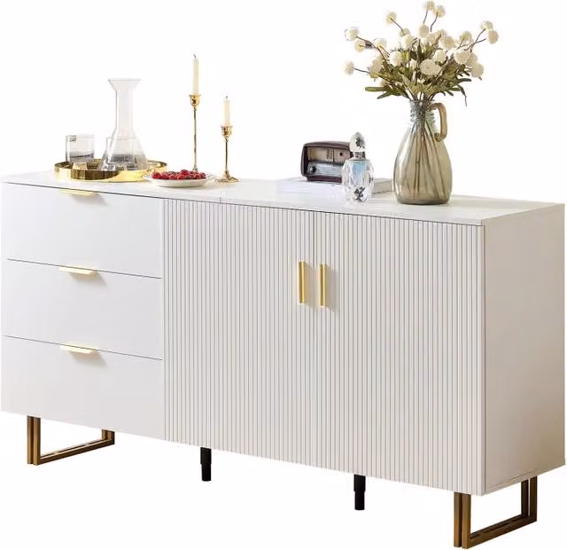 Sideboard moderno in MDF con 2 ante e 3 cassetti, gambe robuste in acciaio e dettagli in lega di alluminio color oro
