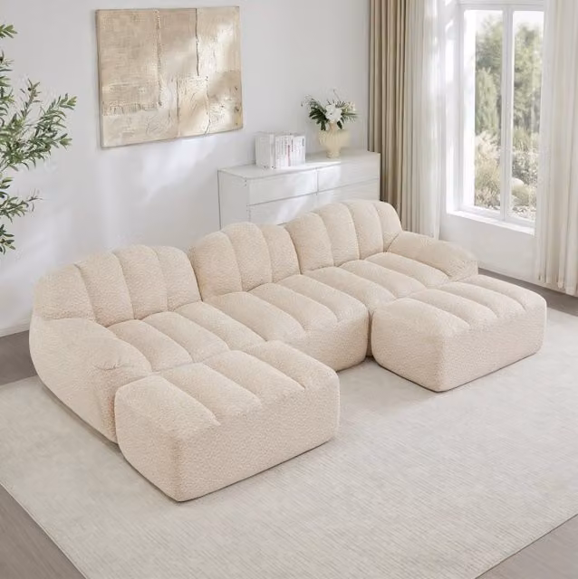 Divano modulare 3 posti configurabile a U o L in pile granulato beige bianco