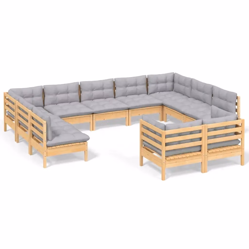 Set di Divani da Giardino a L vidaXL in Legno di Pino con Cuscini Grigi, 11 Pezzi – 2