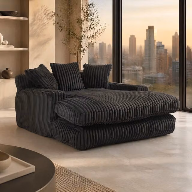 Chaise longue da interno in tessuto a coste nero 125x155x63 cm con 3 cuscini