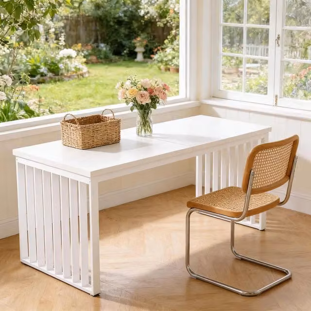 Scrivania OKWISH in stile industriale con piano in legno e struttura in metallo, bianca, ideale per ufficio o home office