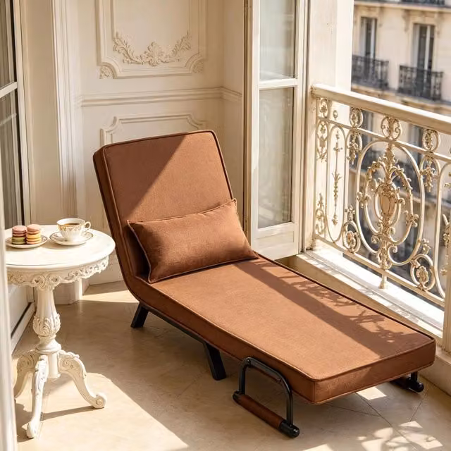 Sedia letto 3 in 1 REDOM moderna in lino marrone e metallo L/P/H: 65 x 78 x 75 cm