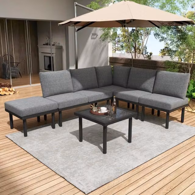 Set da giardino 6 pezzi con struttura in ferro zincato tavolino con piano in vetro piedi regolabili cuscini in olefina grigio