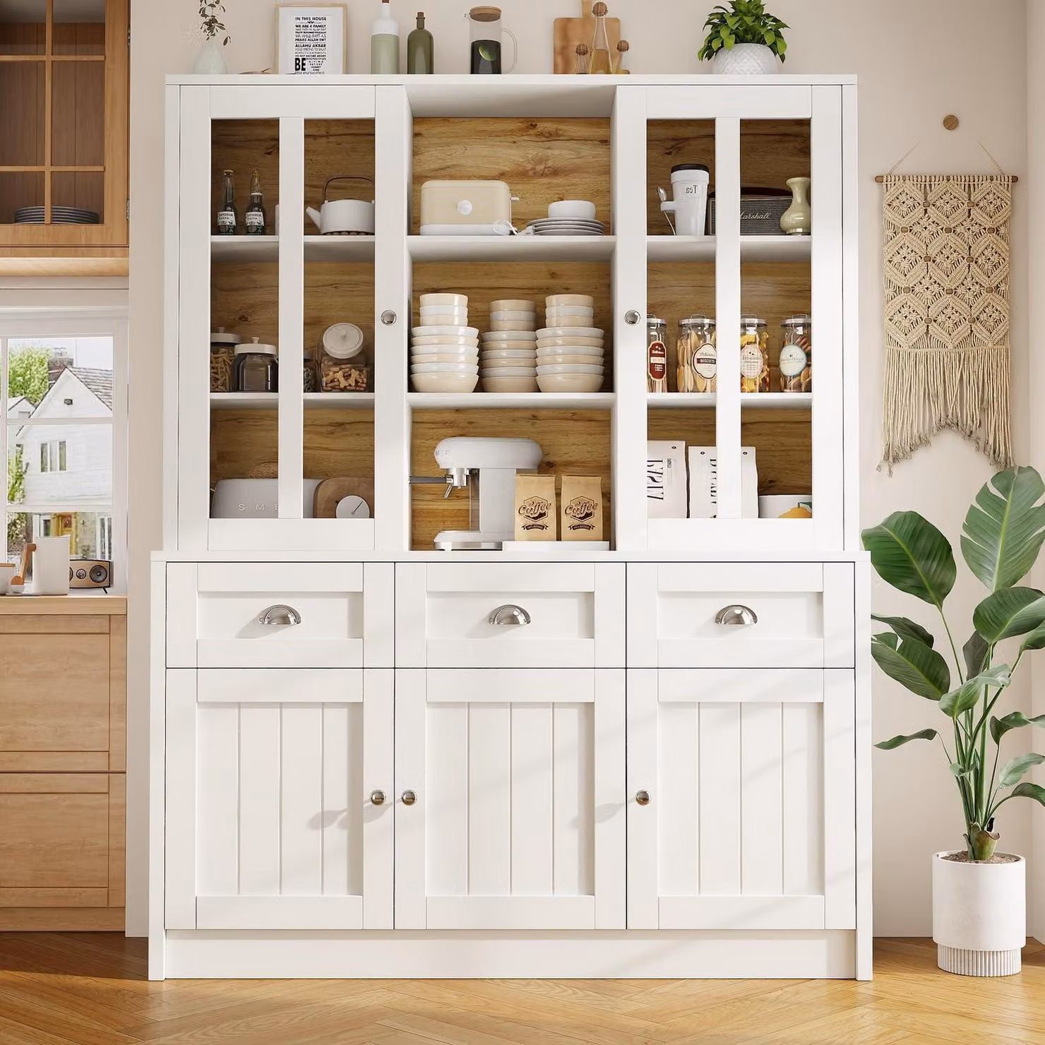 Armadio alto, vetrina, mobile da cucina, mobile da pranzo con cassetti, colore bianco, dimensioni 140x38,5x175 cm