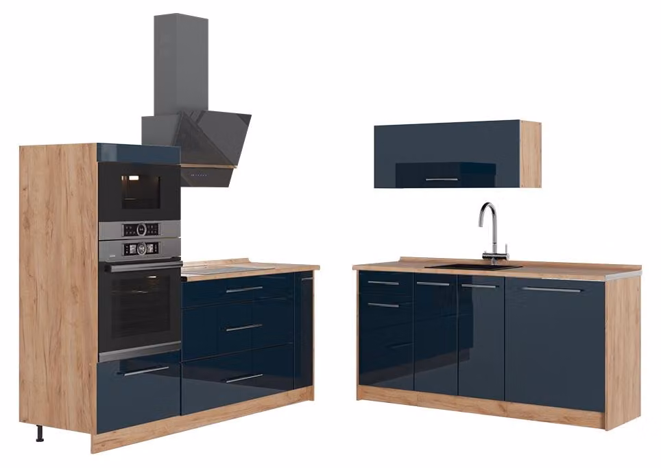 Cucina Vicco Fame-Line Blu scuro lucido/Rovere dorato 340 cm, PL Rovere, Model 65720