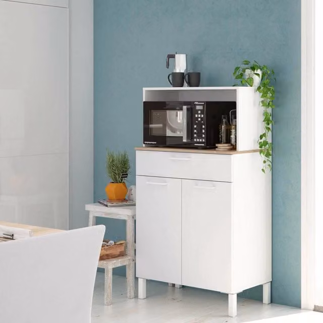 Credenza Asaro DMORA con 2 ante, mobile moderno per cucina o bagno, Bianco e Rovere, L: 72 cm, P: 40 cm, H: 126 cm