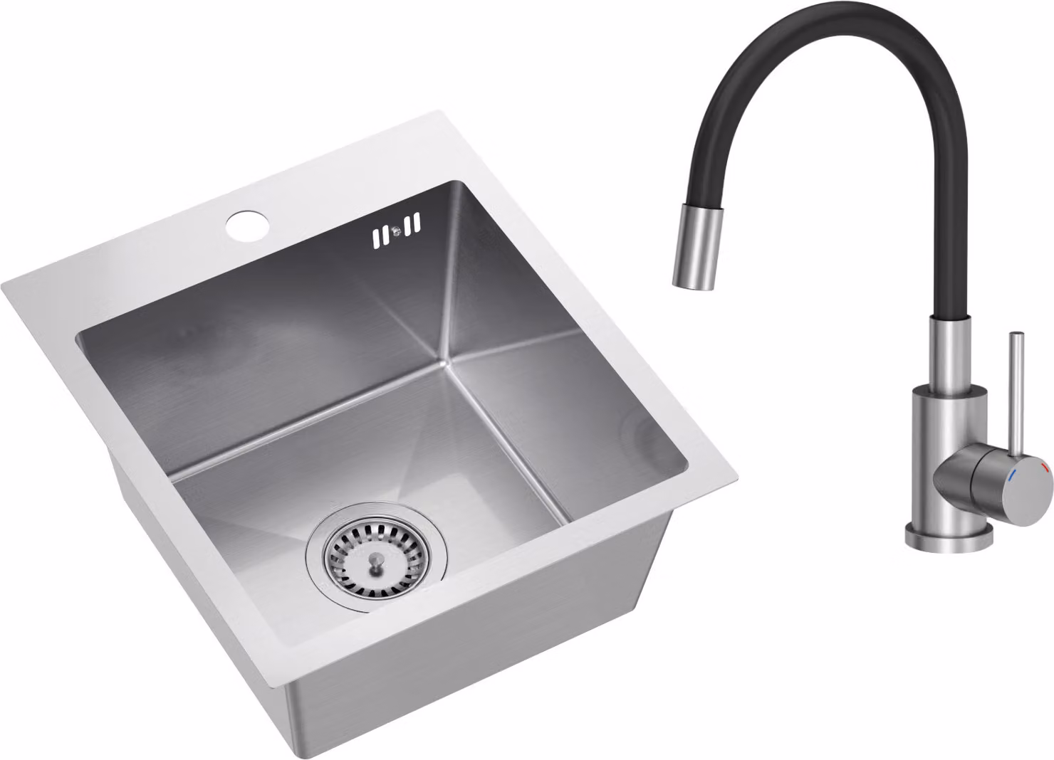 VBChome Lavello in acciaio inox con rubinetto 40 x 45 cm Lavello in acciaio inox spazzolato da incasso con foro per rubinetto Lavello da cucina in acciaio inox Lavello a vasca grande scarico Siphon Lavello in acciaio inox spazzolato con rubinetto