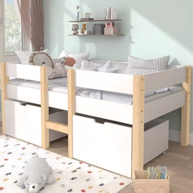 Letto a soppalco semi-alto per bambini 90x200 cm in legno massello di pino bianco