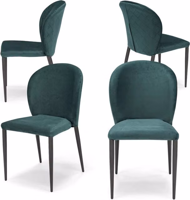 Set 4 sedie da pranzo imbottite in velluto GHIBLI LUX MADE IN ITALY, schienale a poltroncina, gambe robuste in metallo, design moderno, tessuto idrorepellente, colore Verde Petrolio