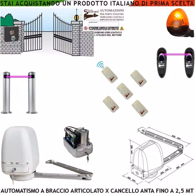Cancello Automatico Kit Motore a Braccio Articolato 220/24 V Anta da 0,5 a 2,5 MT Centrale 5 Radiocomandi Faro Selettore 2 Paline 2 Fotocellule