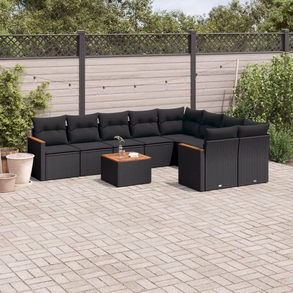 vidaXL Set Divani da Giardino 10pz in Polyrattan Nero con Cuscini e Tavolino da Esterno – 1