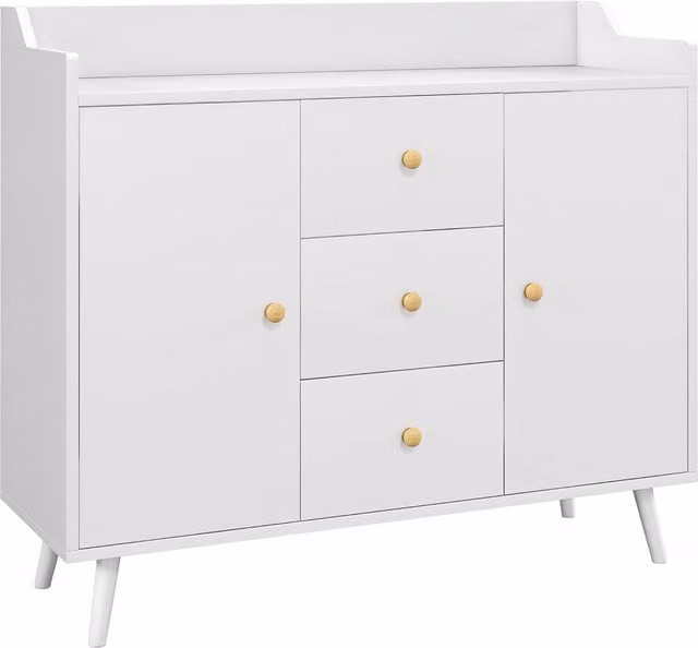 Credenza moderna HOMCOM in legno con 3 cassetti e 2 armadietti, L 90 cm x P 32 cm x H 80 cm, Bianco