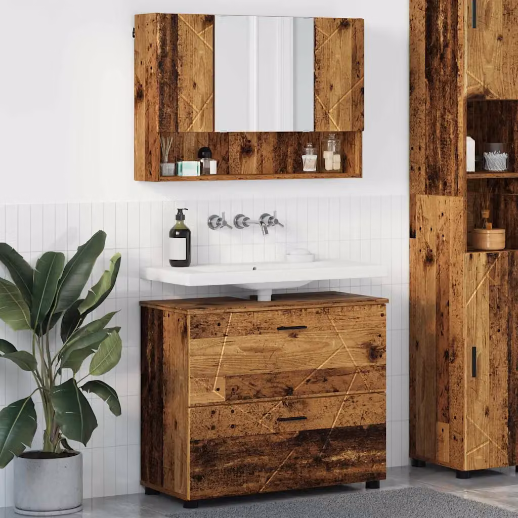 Set di mobili per il bagno vidaXL in legno e metallo marrone, composto da mobile lavabo e pensile con specchio, L/P/H: 76,5 x 35 x 64 cm – 1