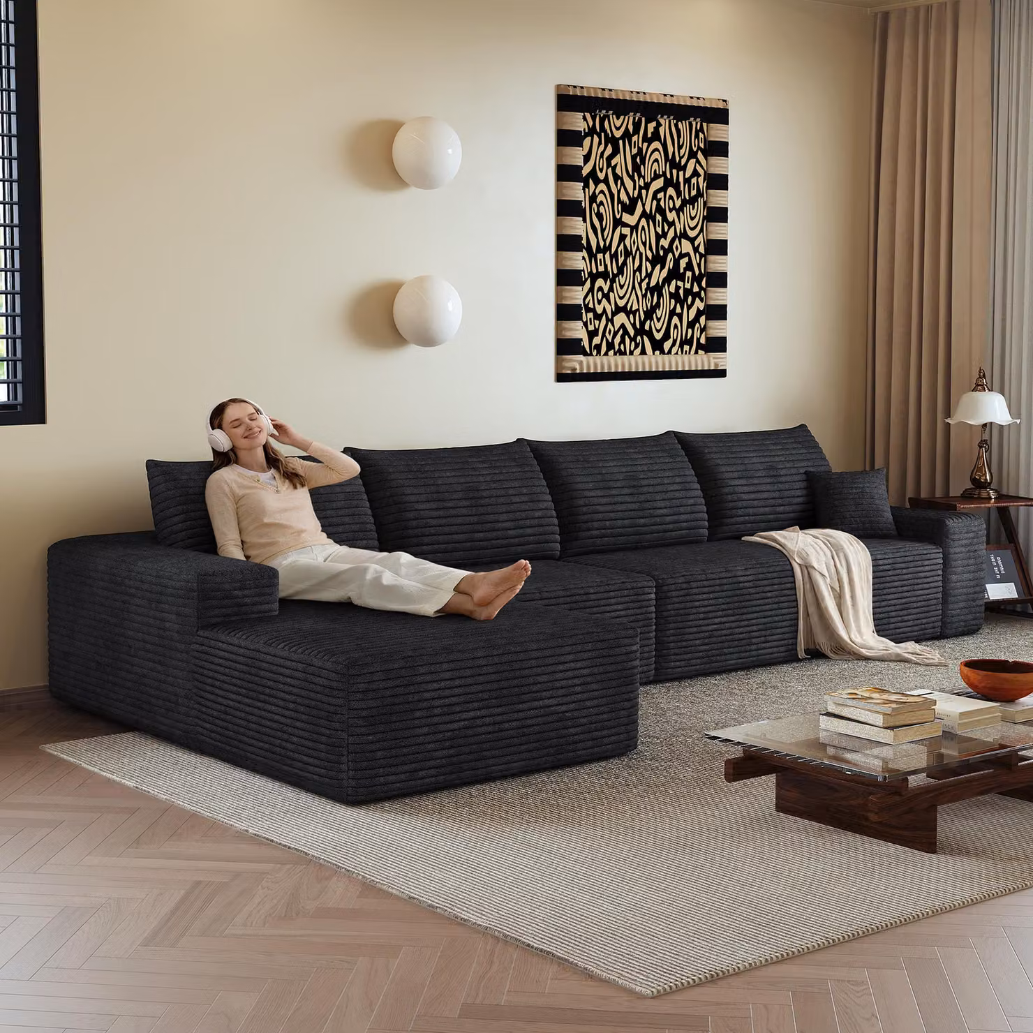 Divano angolare modulare senza sponde, 340 cm, forma a L, seduta profonda, senza necessità di montaggio, divano compattabile (nero)